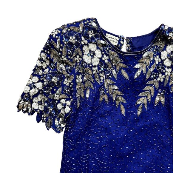 Vintage 80s 90s Blue Beaded Women's Cocktail Dress - Gorgeous! Size Small/Medium - Picture 2 of 7